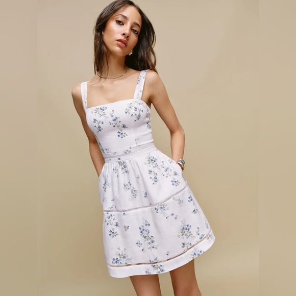 NEW Reformation Everett Mini Dress Truly White Blue Floral Linen | US 4 UK 8 - Picture 7 of 17